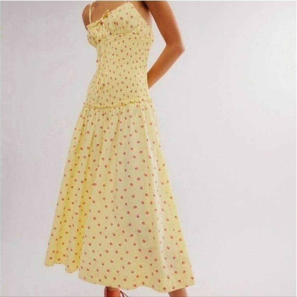 Free People NEW Lavender Daze Strawberry Butter Yellow Smocked Midi Dress Small - Picture 4 of 12